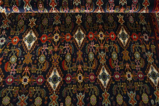 Full view of 2000s Shiraz rug from Iran / Persia, 238 × 155 cm in Blue tones