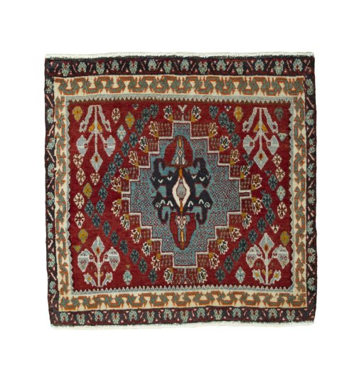 Full view of 2000s Shiraz rug from Iran / Persia, 61 × 61 cm in Red tones