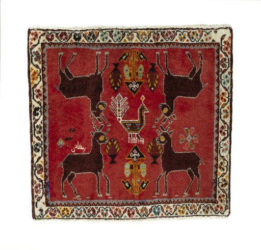 Full view of 2000s Shiraz rug from Iran / Persia, 58 × 61 cm in Red tones