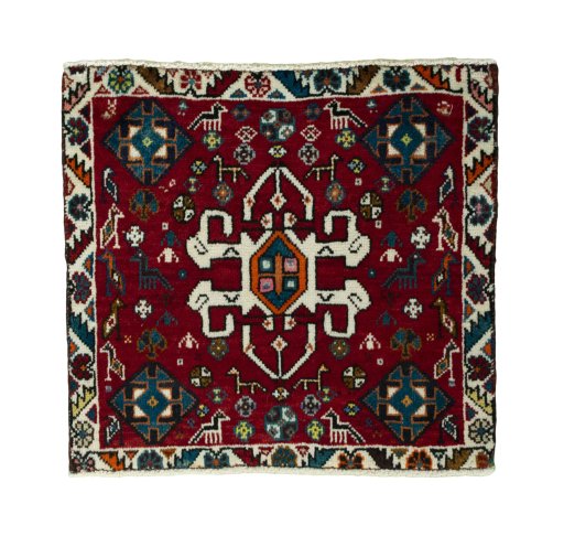 Full view of 2000s Shiraz rug from Iran / Persia, 55 × 60 cm in Red tones