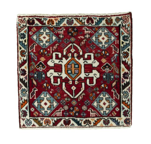 Full view of 2000s Shiraz rug from Iran / Persia, 56 × 58 cm in Red tones