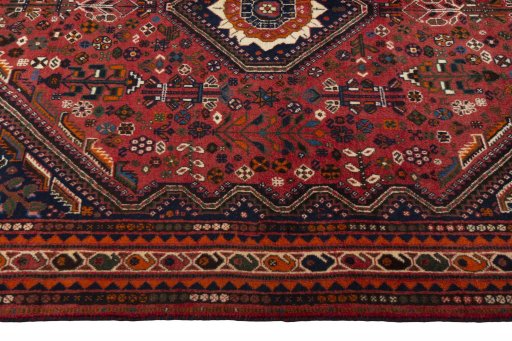 Full view of 2000s Shiraz rug from Iran / Persia, 255 × 172 cm in Red tones
