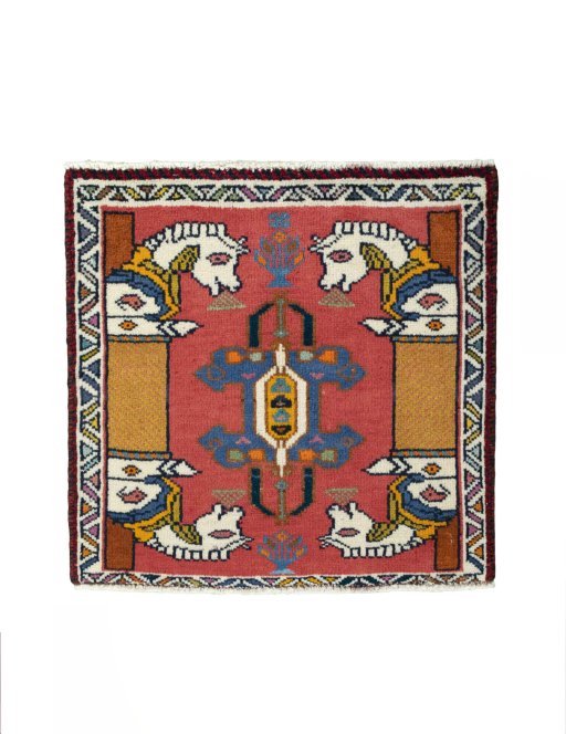 Full view of 2000s Shiraz rug from Iran / Persia, 60 × 62 cm in Red tones