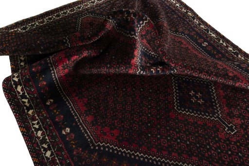 Corner detail of 2000s Shiraz rug showing border pattern and Cotton pile