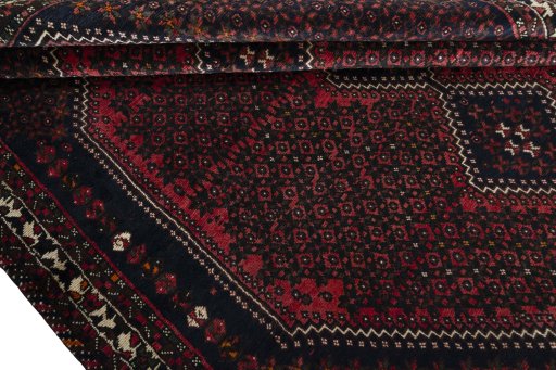 Full view of 2000s Shiraz rug from Iran / Persia, 281 × 208 cm in Red tones