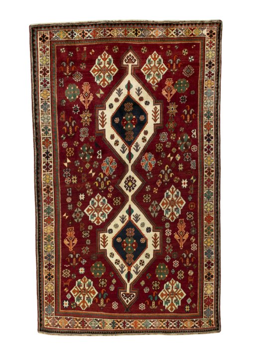 Full view of 2000s Shiraz rug from Iran / Persia, 277 × 167 cm in Red tones