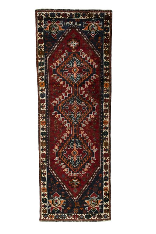 Full view of 2000s Shiraz rug from Iran / Persia, 293 × 102 cm in Red tones