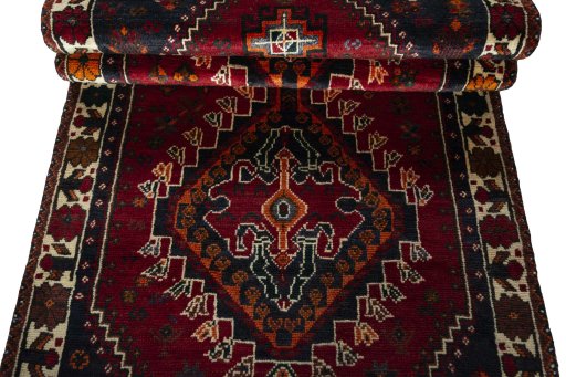 Full view of 2000s Shiraz rug from Iran / Persia, 293 × 102 cm in Red tones