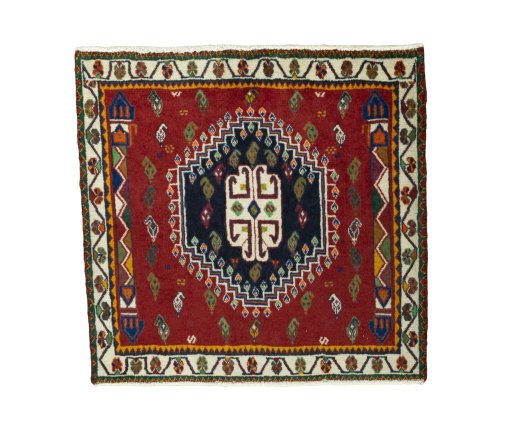 Full view of 2000s Shiraz rug from Iran / Persia, 62 × 65 cm in Red tones