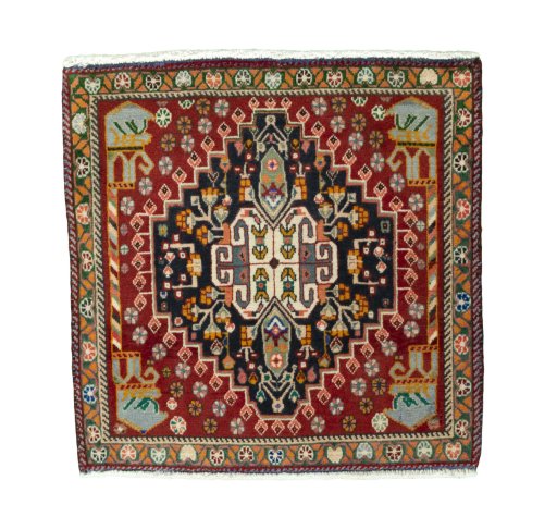Full view of 2000s Shiraz rug from Iran / Persia, 61 × 61 cm in Red tones
