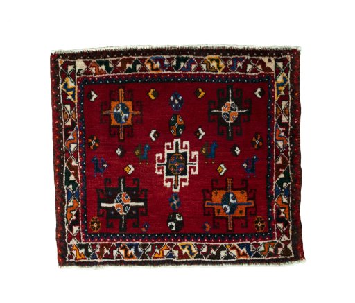Full view of 2000s Shiraz rug from Iran / Persia, 61 × 70 cm in Red tones