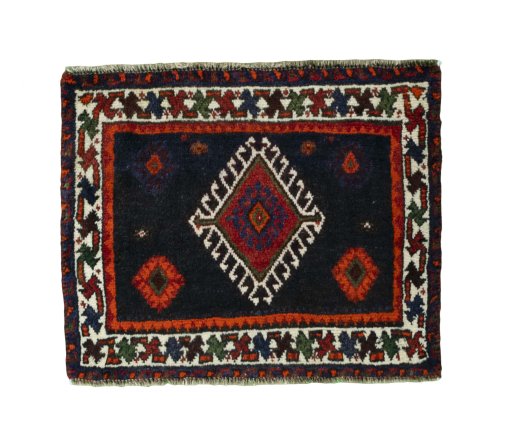 Full view of 2000s Shiraz rug from Iran / Persia, 50 × 62 cm in Red tones