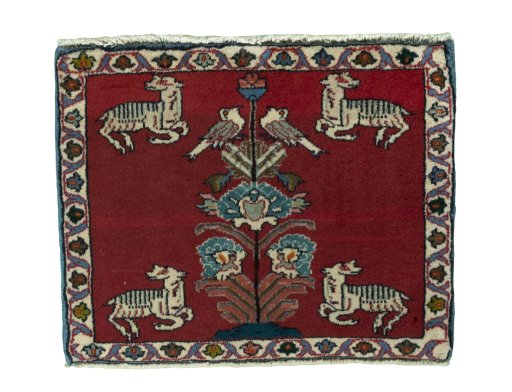 Full view of 2000s Shiraz rug from Iran / Persia, 50 × 62 cm in Red tones