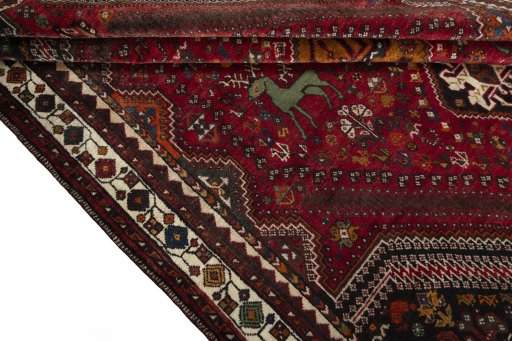Full view of 2000s Shiraz rug from Iran / Persia, 303 × 215 cm in Red tones