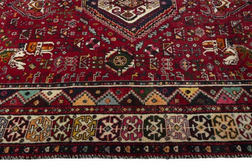 Full view of 2000s Shiraz rug from Iran / Persia, 258 × 160 cm in Red tones