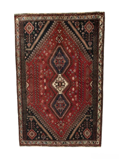 Full view of 2000s Shiraz rug from Iran / Persia, 273 × 181 cm in Red tones