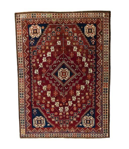Full view of 2000s Shiraz rug from Iran / Persia, 283 × 210 cm in Red tones
