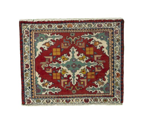 Full view of 2000s Shiraz rug from Iran / Persia, 50 × 62 cm in Red tones