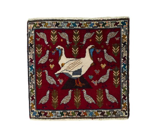 Full view of 2000s Shiraz rug from Iran / Persia, 55 × 56 cm in Red tones