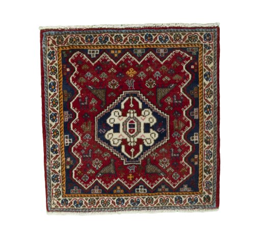Full view of 2000s Shiraz rug from Iran / Persia, 59 × 58 cm in Red tones