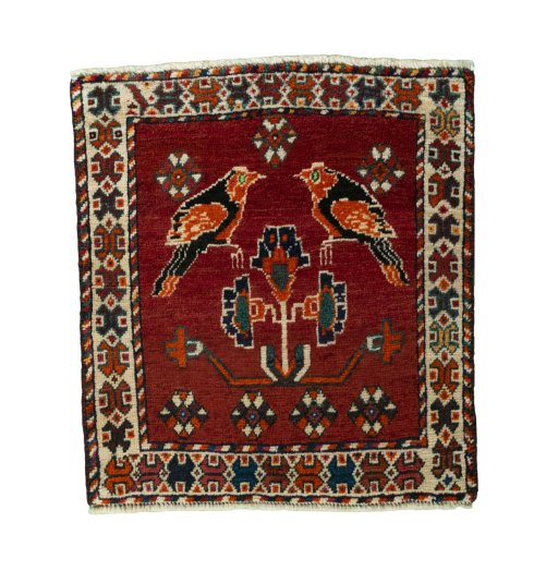 Full view of 2000s Shiraz rug from Iran / Persia, 68 × 62 cm in Red tones