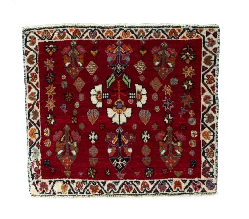 Full view of 2000s Shiraz rug from Iran / Persia, 58 × 68 cm in Red tones