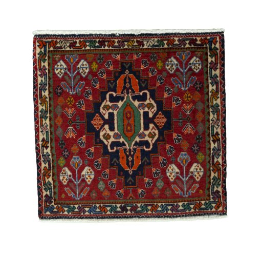 Full view of 2000s Shiraz rug from Iran / Persia, 60 × 63 cm in Red tones
