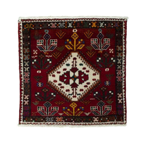 Full view of 2000s Shiraz rug from Iran / Persia, 63 × 65 cm in Red tones