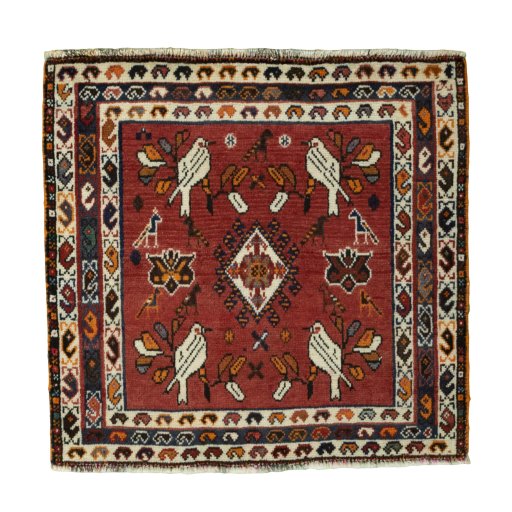 Full view of 2000s Shiraz rug from Iran / Persia, 61 × 64 cm in Red tones