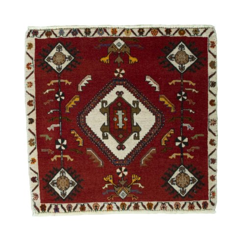 Full view of 2000s Shiraz rug from Iran / Persia, 56 × 58 cm in Red tones