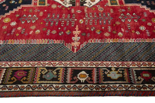 Full view of 2000s Shiraz rug from Iran / Persia, 318 × 250 cm in Red tones