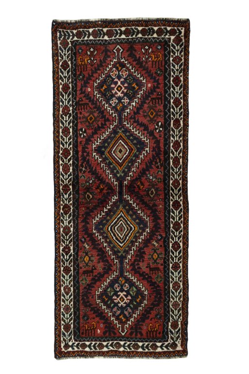 Full view of 2000s Shiraz rug from Iran / Persia, 202 × 82 cm in Red tones