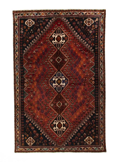 Full view of 2000s Shiraz rug from Iran / Persia, 276 × 180 cm in Red tones