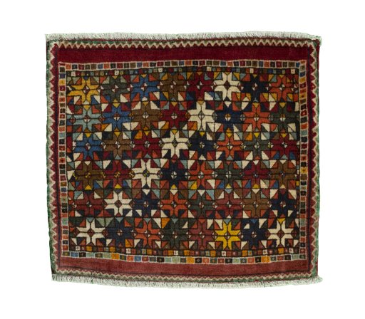 Full view of 2000s Shiraz rug from Iran / Persia, 57 × 64 cm in Red tones