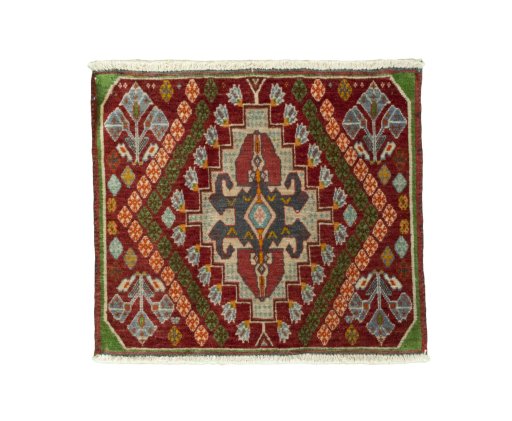 Full view of 2000s Shiraz rug from Iran / Persia, 44 × 50 cm in Red tones