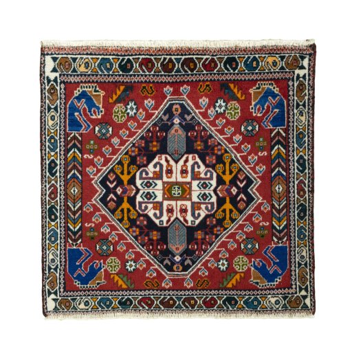 Full view of 2000s Shiraz rug from Iran / Persia, 65 × 66 cm in Red tones