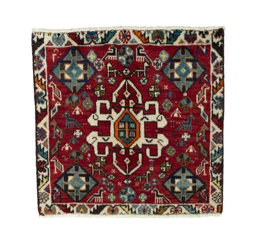 Full view of 2000s Shiraz rug from Iran / Persia, 56 × 57 cm in Red tones