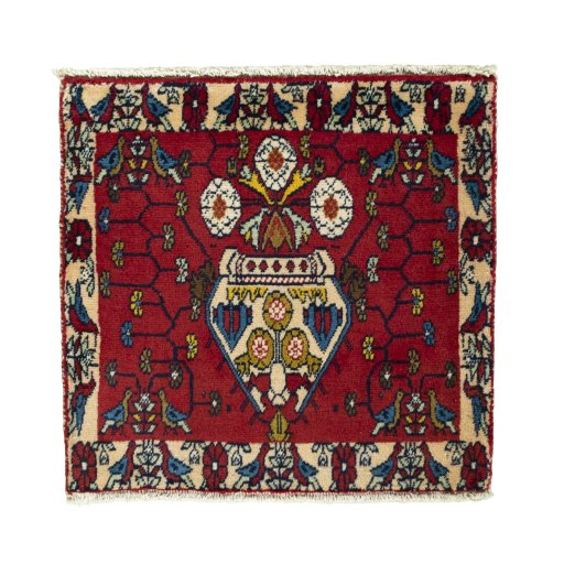 Full view of 2000s Shiraz rug from Iran / Persia, 59 × 61 cm in Red tones