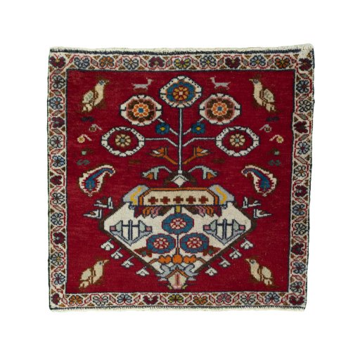 Full view of 2000s Shiraz rug from Iran / Persia, 61 × 63 cm in Red tones