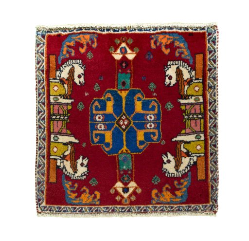 Full view of 2000s Shiraz rug from Iran / Persia, 59 × 57 cm in Red tones