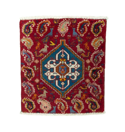 Full view of 2000s Shiraz rug from Iran / Persia, 60 × 52 cm in Red tones