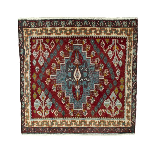 Full view of 2000s Shiraz rug from Iran / Persia, 61 × 63 cm in Red tones