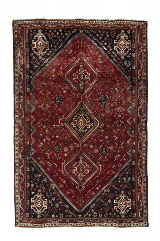 Full view of 2000s Shiraz rug from Iran / Persia, 264 × 173 cm in Red tones