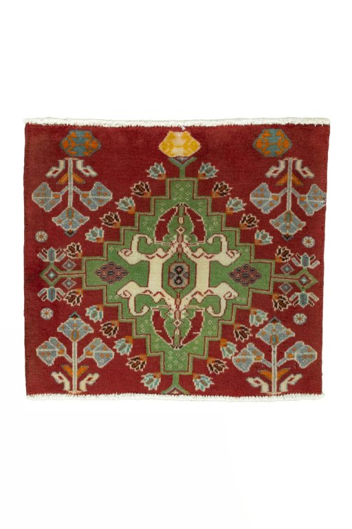 Full view of 2000s Shiraz rug from Iran / Persia, 49 × 54 cm in Red tones