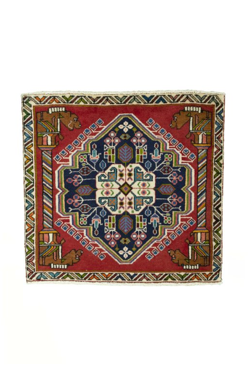 Full view of 2000s Shiraz rug from Iran / Persia, 63 × 67 cm in Red tones