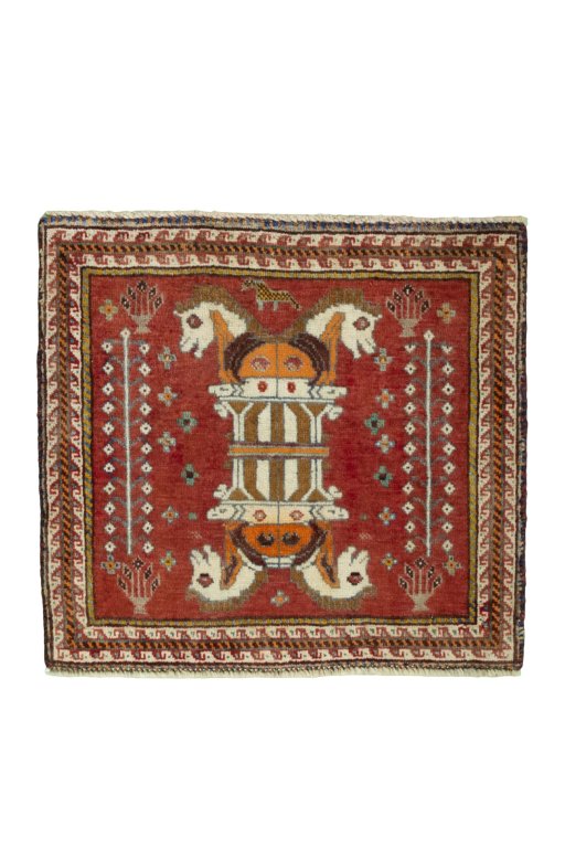Full view of 2000s Shiraz rug from Iran / Persia, 56 × 61 cm in Red tones