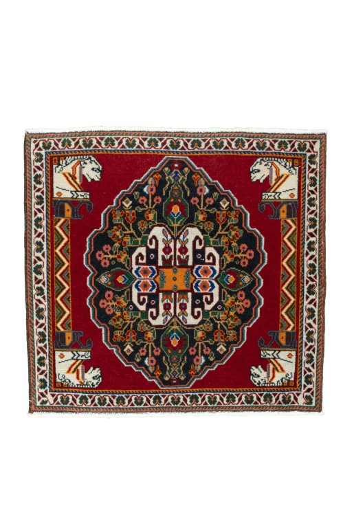 Full view of 2000s Shiraz rug from Iran / Persia, 63 × 67 cm in Red tones