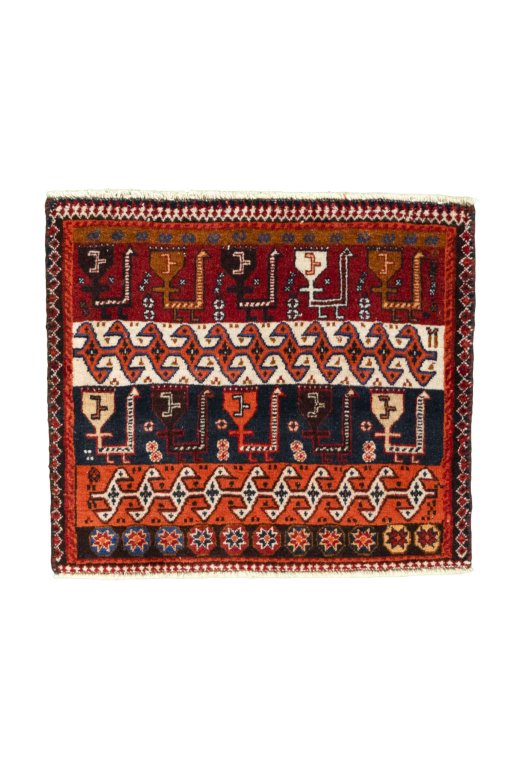 Full view of 2000s Shiraz rug from Iran / Persia, 52 × 60 cm in Red tones