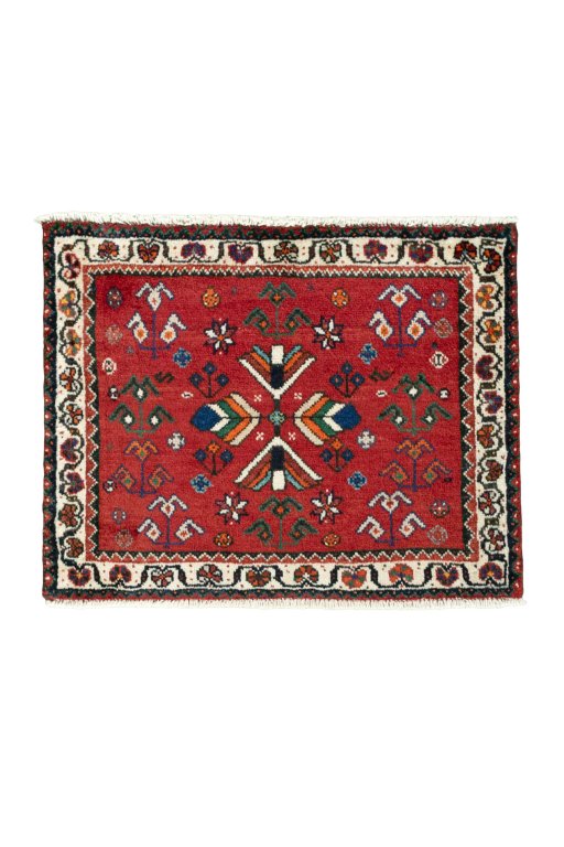 Full view of 2000s Shiraz rug from Iran / Persia, 56 × 70 cm in Red tones
