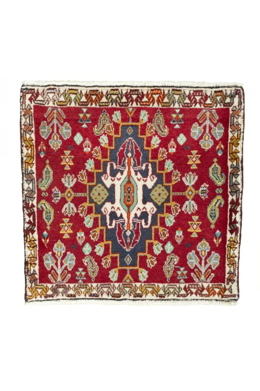 Full view of 2000s Shiraz rug from Iran / Persia, 60 × 62 cm in Red tones